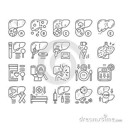 Hepatitis Liver Health Problem Icons Set Vector . Vector Illustration