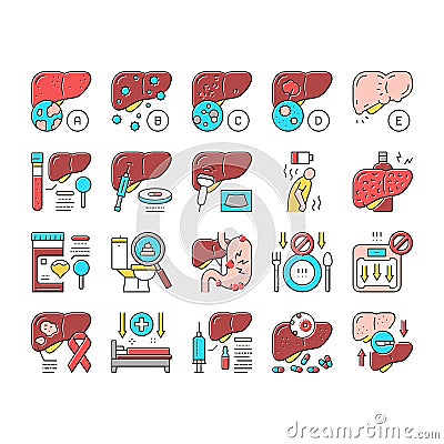 Hepatitis Liver Health Problem Icons Set Vector . Vector Illustration