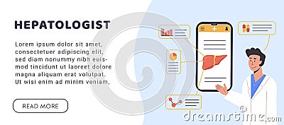 Hepatology Web banner. Consulting Doctor Online on mobile phone. An app explaining Liver Human Organ. Researcher Vector Illustration