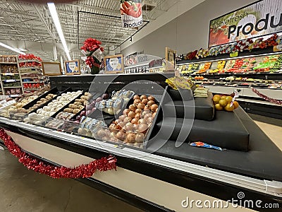 KJs retail grocery retail store interior empty produce display Editorial Stock Photo