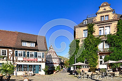 Heppenheim, Germany - Market place with beautiful old haf timbered buildings in historic city center of Heppenhei Editorial Stock Photo