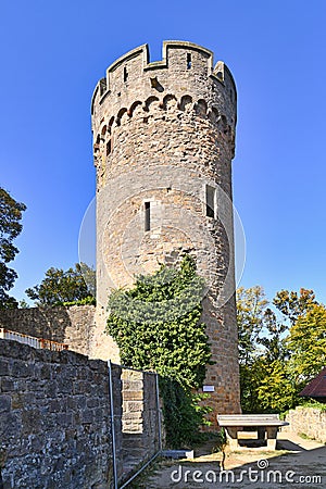 Heppenheim, Germany - Tower of old historic hill castle called `Starkenburg` in Odenwald forest in Heppenheim city Editorial Stock Photo