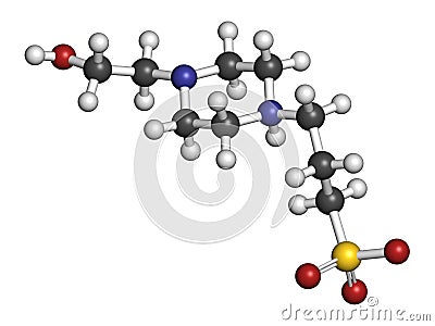 HEPPS buffering agent molecule. 3D rendering. Atoms are represented as spheres with conventional color coding: hydrogen white,. Stock Photo