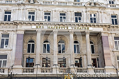Her Majesty`s Theatre a West End theatre situated on Haymarket in the City of Westminster, London Editorial Stock Photo
