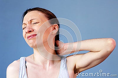 Neck pain woman work illness correct posture Stock Photo