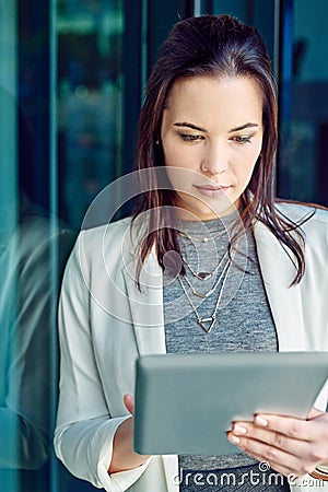 Her tablet keeps up with her business demands. a young businesswoman using a digital tablet at work. Stock Photo