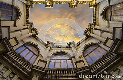 Venetian Loggia, looking up to the atrium from the building`s courtyard Stock Photo