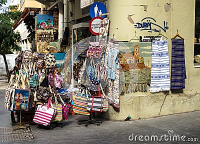 HERAKLION, GREECE - November, 2017: Ð souvenir shop on the central street of Heraklion, Crete Editorial Stock Photo