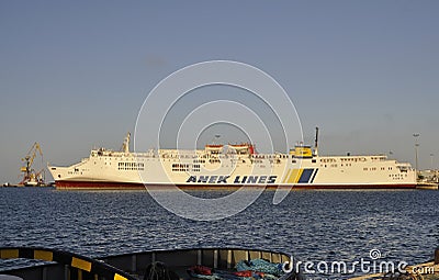 Heraklion, september 5th: Ferryboat docking in the Harbor of Heraklion in Crete island of Greece Editorial Stock Photo