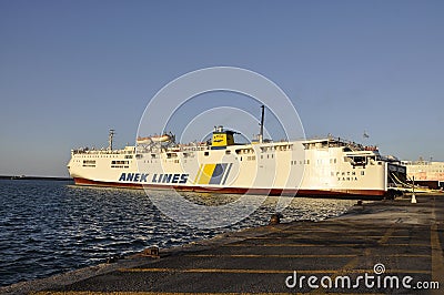 Heraklion, september 5th: Ferryboat docking in the Harbor of Heraklion in Crete island of Greece Editorial Stock Photo