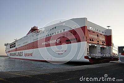 Heraklion, september 5th: Highspeed Ferryboat docking in the Harbor of Heraklion in Crete island of Greece Editorial Stock Photo