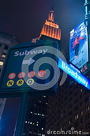 Subway and Broadway sign and Empire State Building Editorial Stock Photo