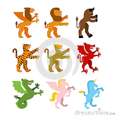 Heraldic animal set. Griffin, lion and minotaur. Teague, leopard Vector Illustration