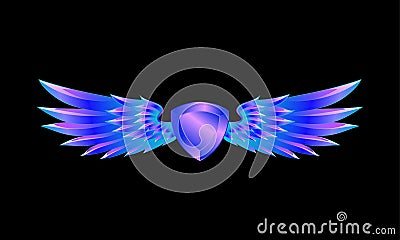 Heraldic blue shield with wings emblem on a black background. Vector Illustration