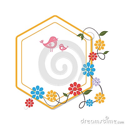 Heraldic border with creeper blossom and cute birds Vector Illustration