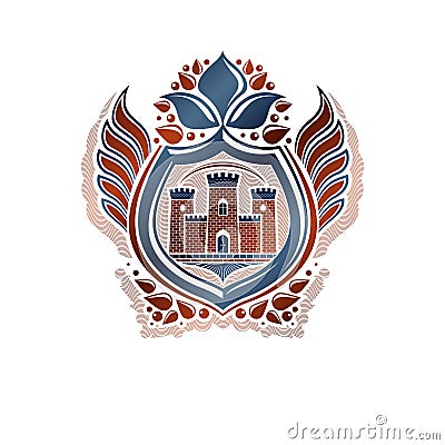Heraldic Coat of Arms decorative emblem with medieval stronghold Vector Illustration