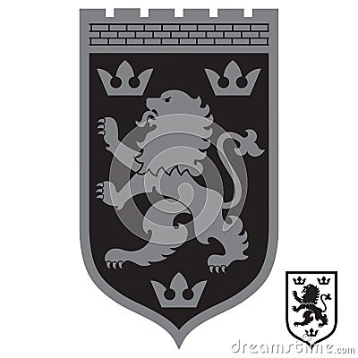 Heraldic coat of arms. Heraldic lion and three Crowns on the knights shield Vector Illustration