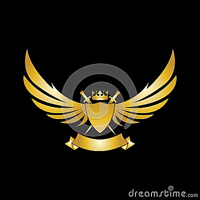 Heraldic Composition with crown, swords, wings, shield and ribbon Vector Illustration