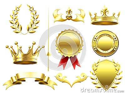 Heraldic 3D elements. Royal crowns and shields. Sport challenge winner gold medal. Laurel wreath and golden crown Vector Illustration