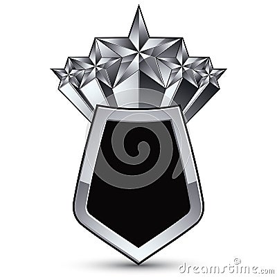 Heraldic 3d glossy icon for use in web and graphic design, pentagonal silver stars, clear EPS 8 vector. Classic luxury badge. Vector Illustration