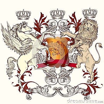 Heraldic design with shield, winged horse and lion Cartoon Illustration