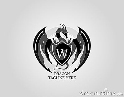 Heraldic Dragon Shield with W Letter Design Logo Template Vector Illustration