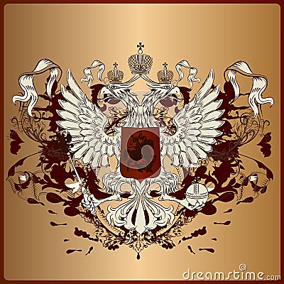 Heraldic eagle with armor, banner, crown and ribbons in royal vi Cartoon Illustration