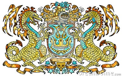 Heraldic emblem with two golden dragons holding shield isolated on white Cartoon Illustration