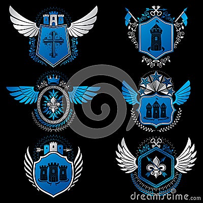 Heraldic emblems with wings isolated on white backdrop. Collection of vector symbols in vintage style created using heraldry elem Vector Illustration