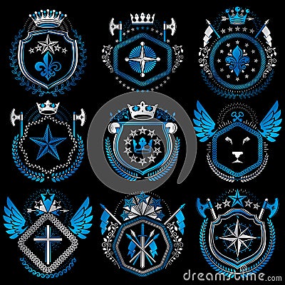 Heraldic emblems with wings isolated on white backdrop. Collection of vector symbols in vintage style created using heraldry elem Vector Illustration