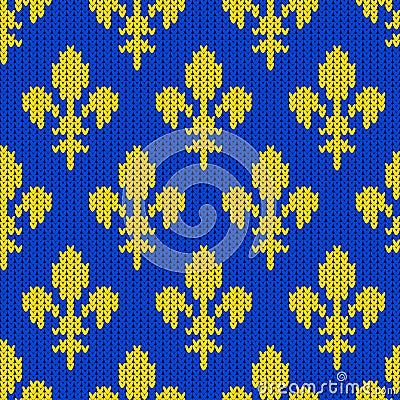 Knitted woolen pattern with classic royal lilies on a blue background Vector Illustration