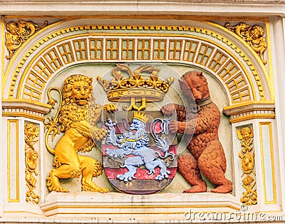 Heraldic lion and bear, town hall Coat of arms , the city arm of Bruges, Belgium, Europe Stock Photo