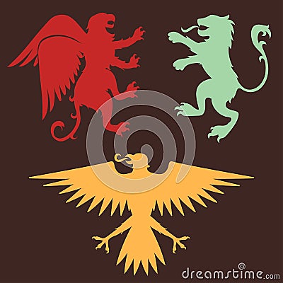 Heraldic lion royal crest medieval knight eagle silhouette vintage king symbol heraldry badge vector illustration Vector Illustration