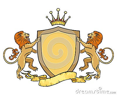 Heraldic lions with shield and ribbon. Emblem or Vector Illustration