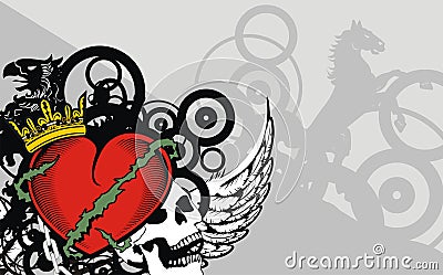 Heraldic red heart tattoo griffin crest background Vector Illustration