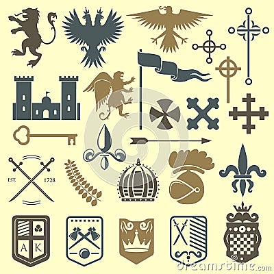 Heraldic royal crest medieval knight elements vintage king symbol heraldry castle badge vector illustration Vector Illustration