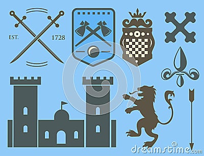 Heraldic royal crest medieval knight elements vintage king symbol heraldry castle badge vector illustration Vector Illustration