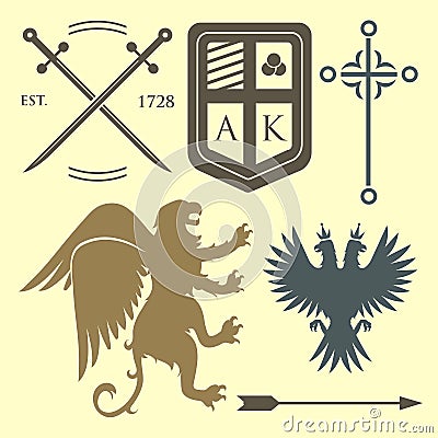 Heraldic royal crest medieval knight elements vintage king symbol heraldry castle badge vector illustration Vector Illustration