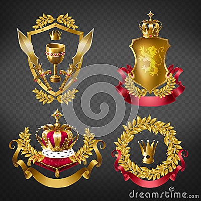 Heraldic royal emblems with golden monarch crowns Vector Illustration