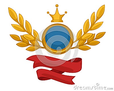 Shield with copy space, foliage with stripe and crown Vector Illustration