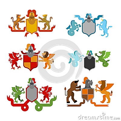 Heraldic Shield and Knight Helmet set. Fantastic Beasts. Template heraldry design element. Coat of arms of royal family. Vector Illustration