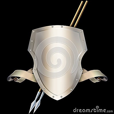 Heraldic shield with spears and ribbon. Stock Photo