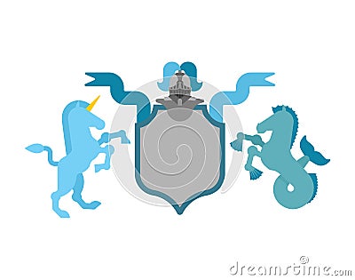Heraldic Shield Unicorn and Hippocampus and Knight Helmet. Fantastic Beasts. Template heraldry design element. Coat of arms Vector Illustration