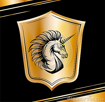 Heraldic shield with Unicorn horse head. Golden emblem Vector Illustration