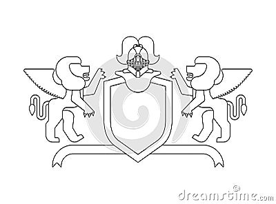 Heraldic Shield Winged Lion and Knight Helmet. Fantastic Beasts Vector Illustration