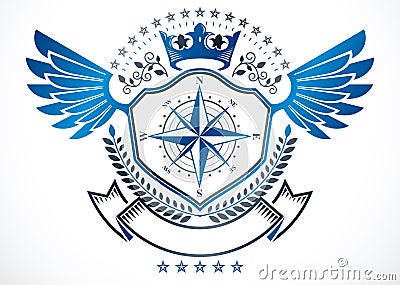 Heraldic sign created using vector elements, heraldry winged emblem composed using royal crown and navigation compass. Vector Illustration