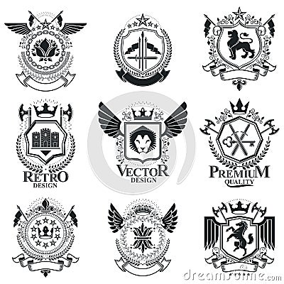 Heraldic signs, elements, heraldry emblems, insignias, signs Vector Illustration