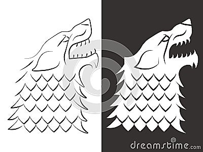 Heraldic style wolf head design. Line and silhouette wolf Vector Illustration