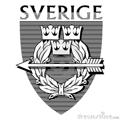 Heraldic symbol of Sweden. Heraldic shield with three crowns, laurel wreath and arrow. Lettering Sweden hand drawn Cartoon Illustration