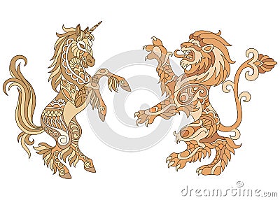 Heraldic unicorn and lion design Vector Illustration